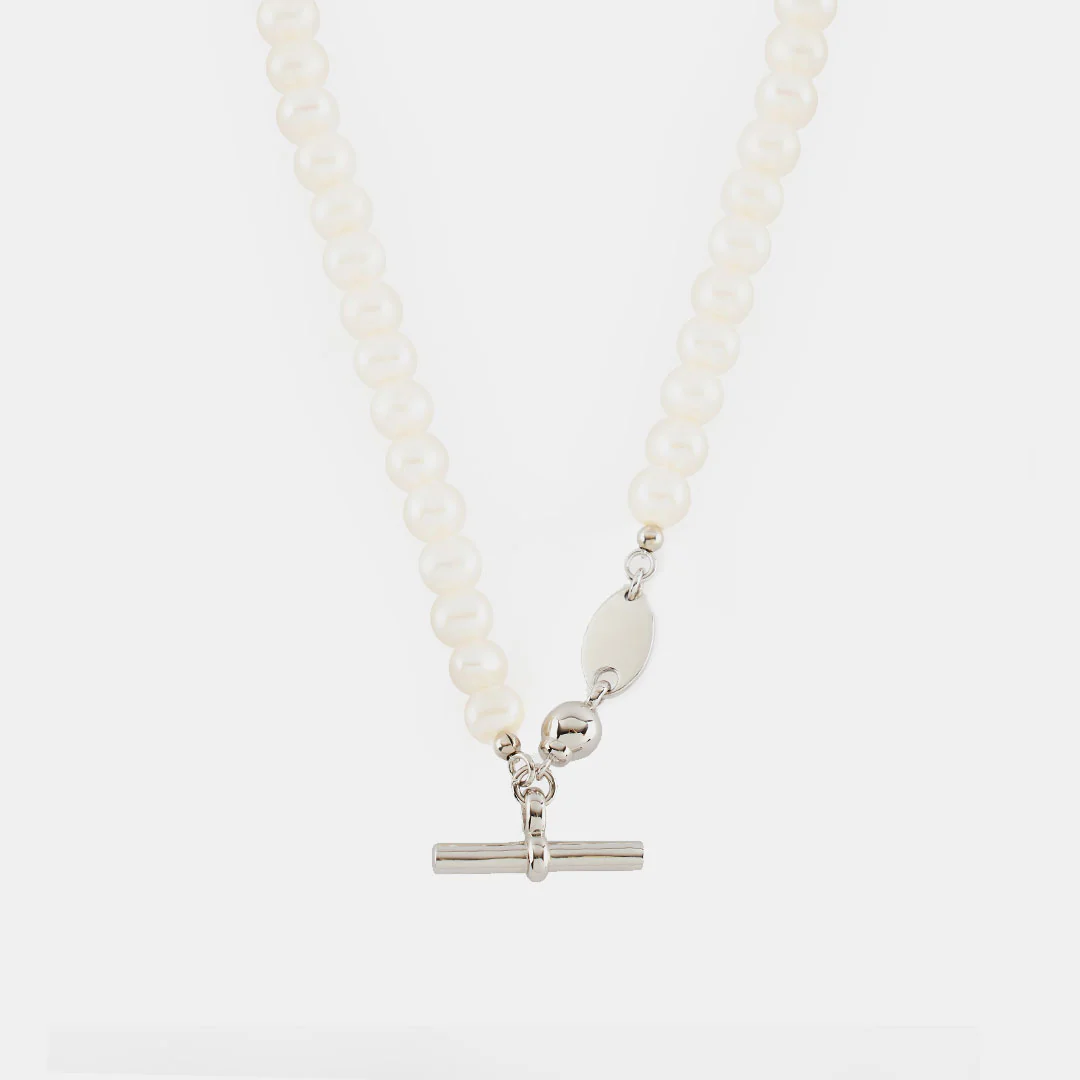 Silver Pearl T-Bar Necklace - Image 3