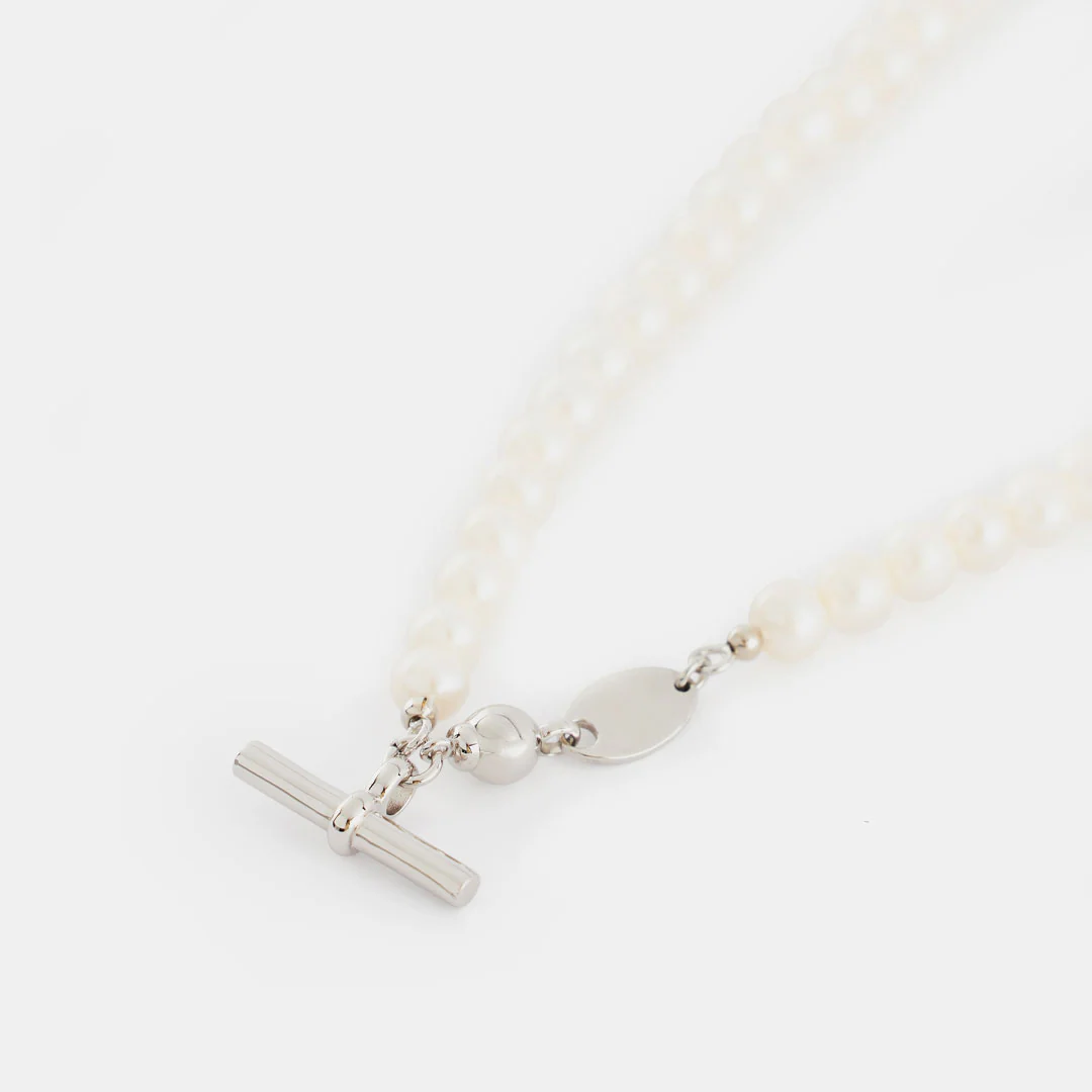 Silver Pearl T-Bar Necklace - Image 6